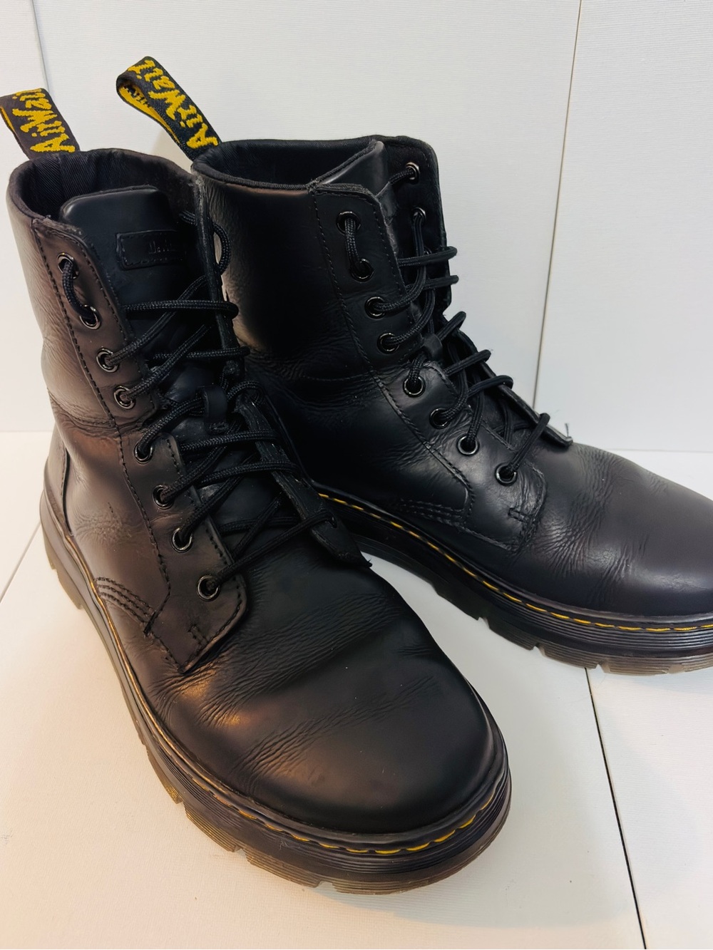 Dr. Martens Black Leather Lace-Up Combat Boots with Yellow Stitching size 8